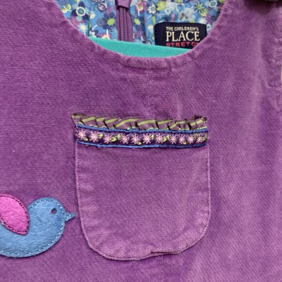 Children’s Place Purple Velveteen Jumper Dress 4T Storybook Bird Floral Appliqué - Picture 5 of 10